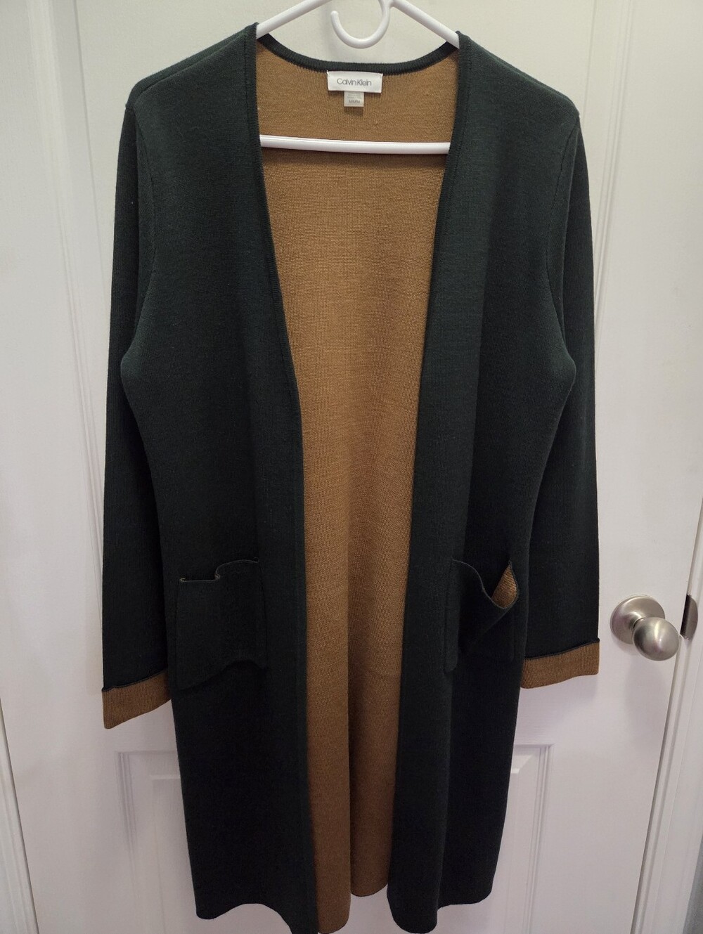 Calvin Klein Dark Forest Green and Camel Open-Front Cardigan Size M